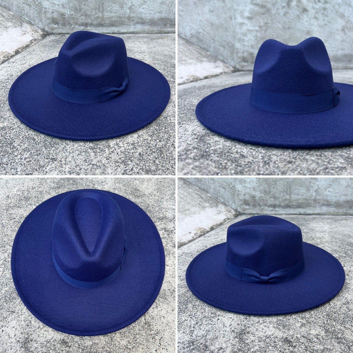 Four angles of Dion navy blue wide-brim fedora with a grosgrain band.