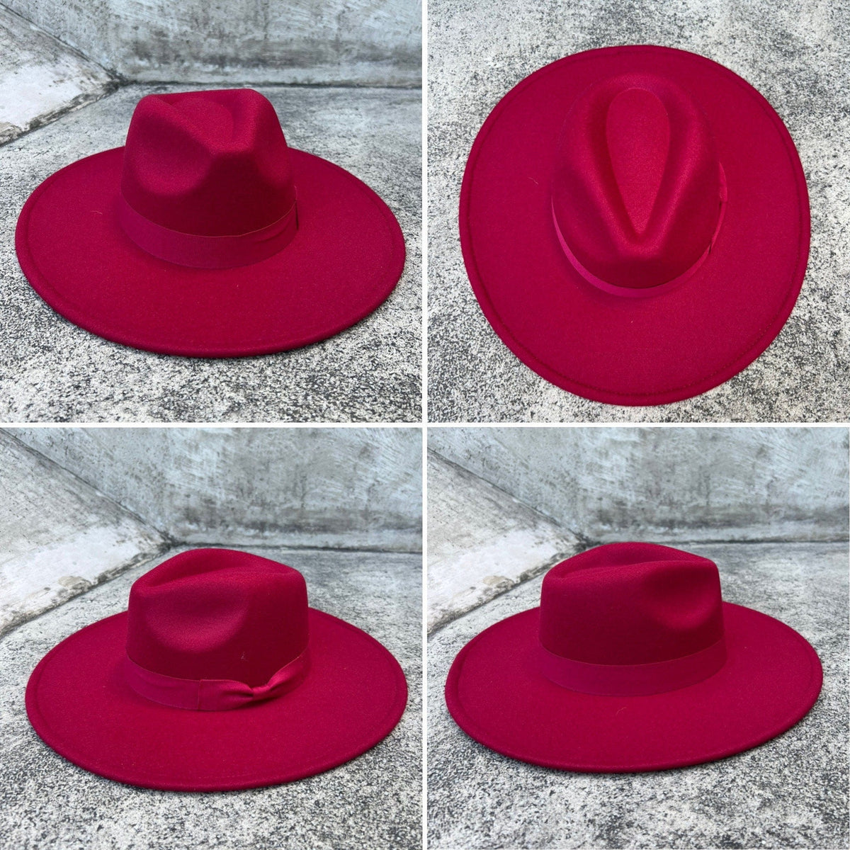 Four angles of Dion wine red wide-brim fedora with a grosgrain band.