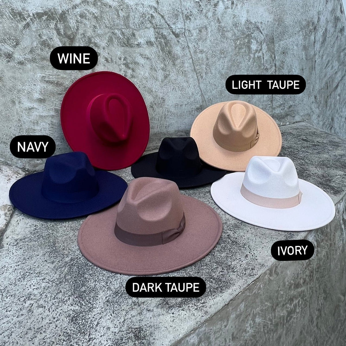 Dion fedora color comparison labeled wine, light taupe, navy, dark taupe and ivory.