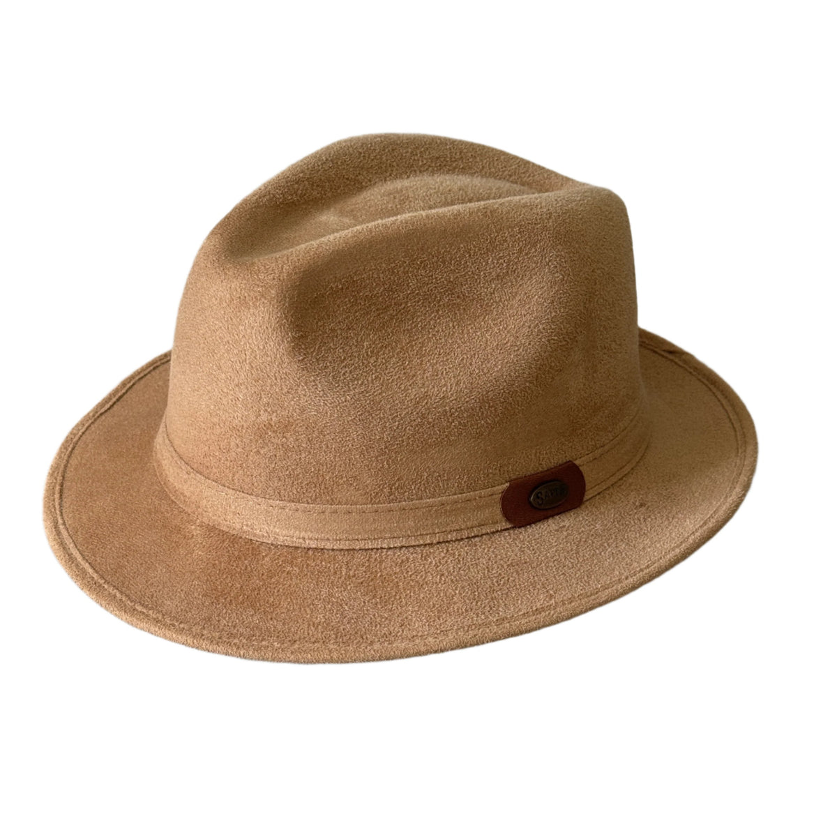 Boreal Polaris tan short-brim fedora with a matching band and small side badge.
