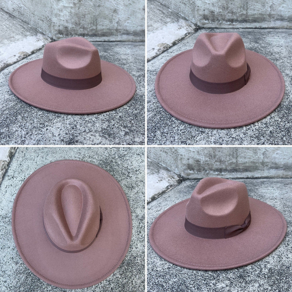 Four angles of Dion dark taupe wide-brim fedora with a grosgrain band.