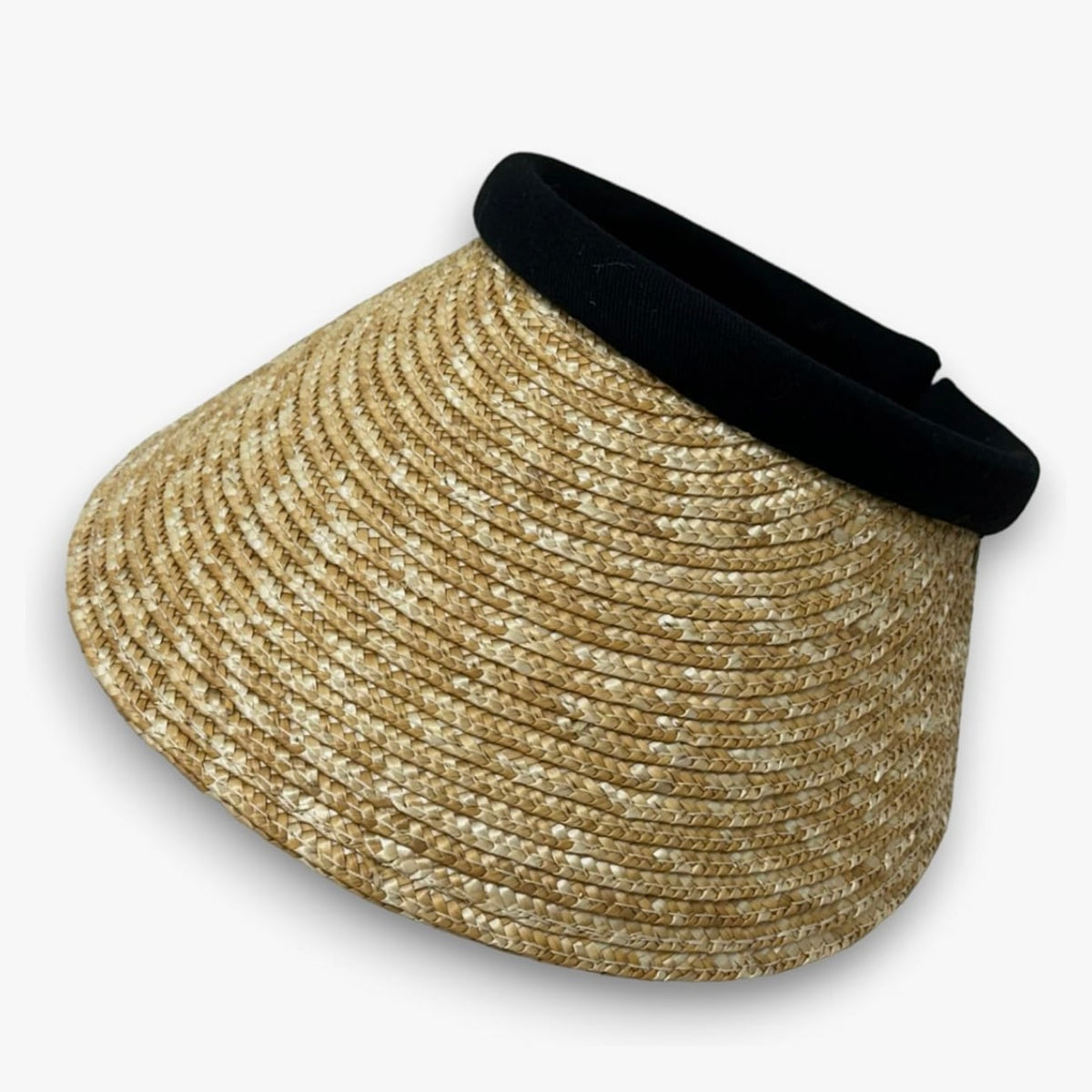 Bela natural sewn braid clip-on sun visor with a black padded band on a white background