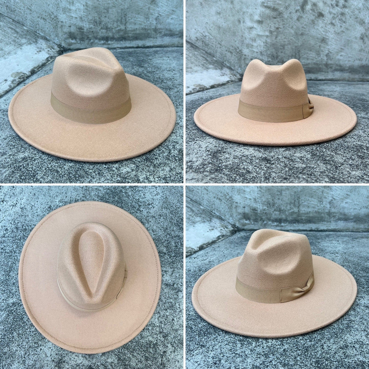 Four angles of Dion beige wide-brim fedora with a grosgrain band.