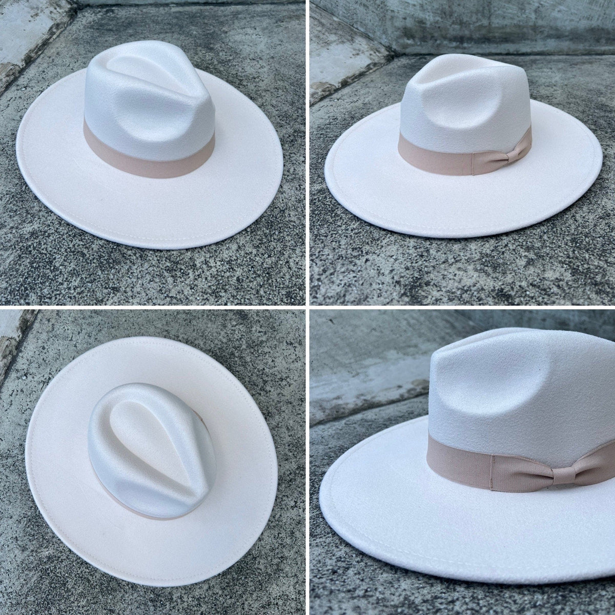 Four angles of Dion white with a beige band wide-brim fedora with a grosgrain band.