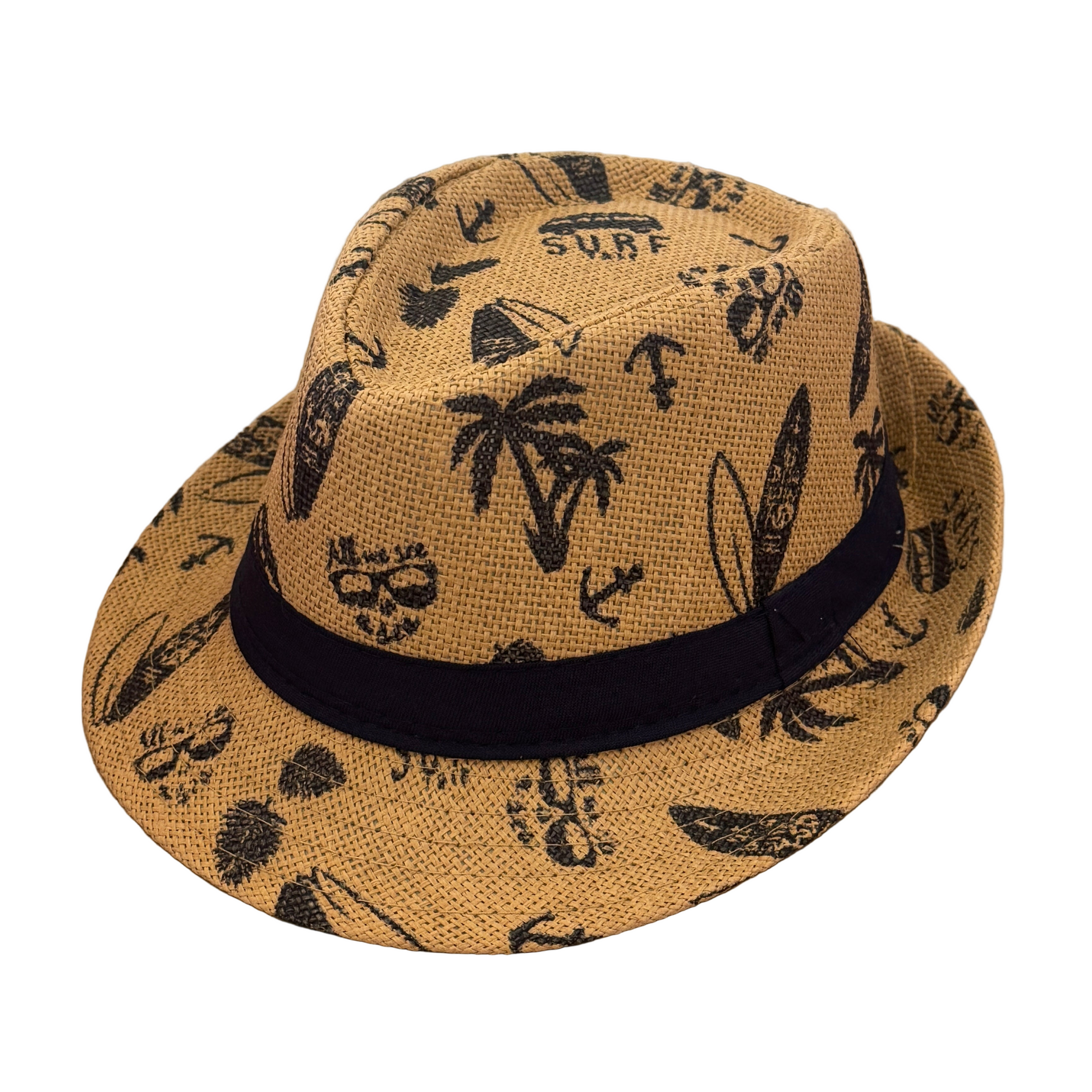 Beige straw hat with black patterns on a wooden surface