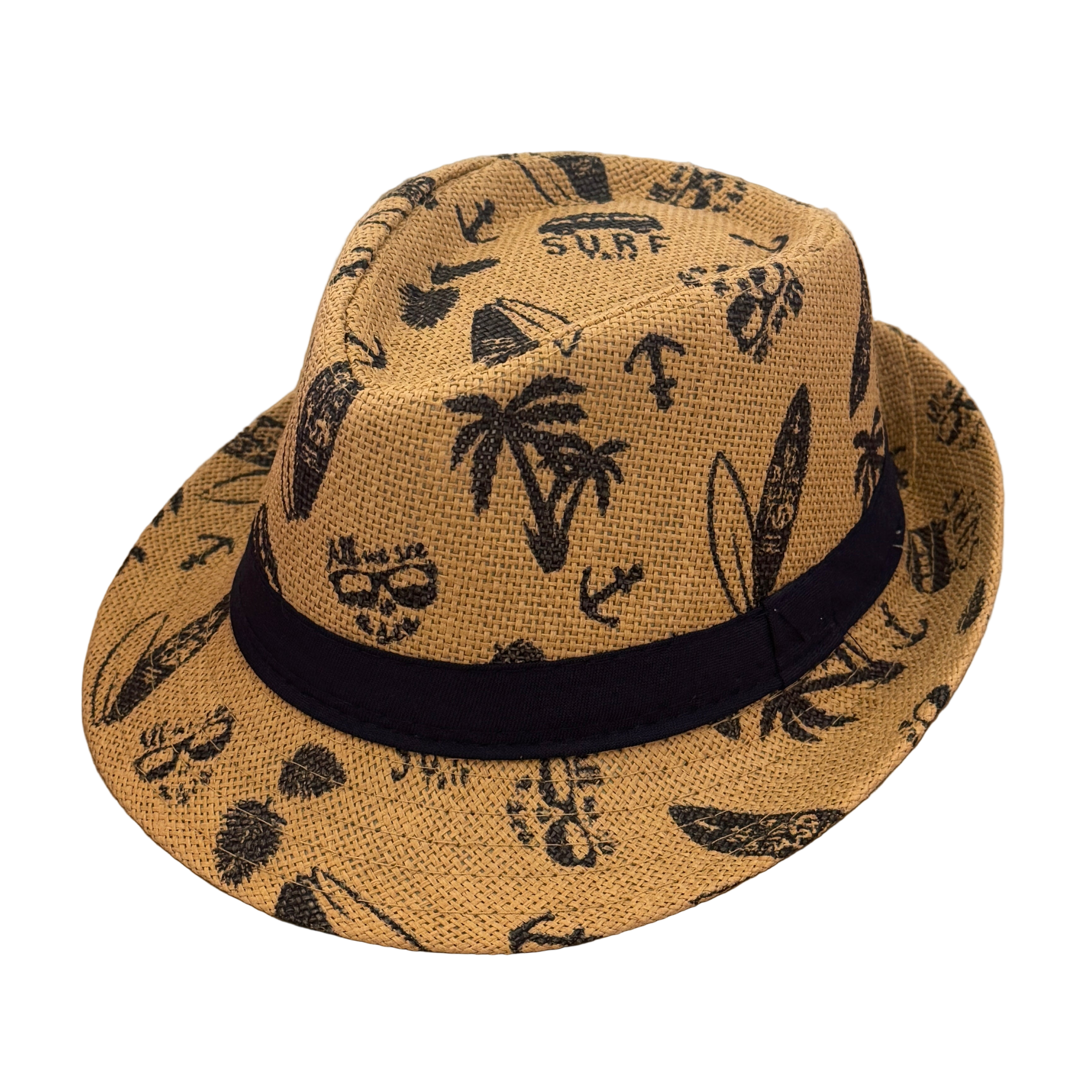 Beige straw hat with black patterns on a wooden surface