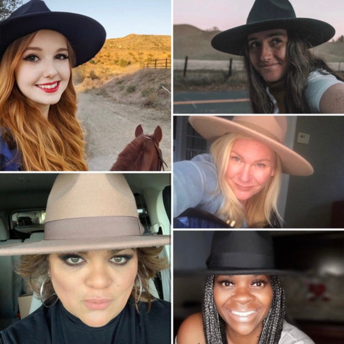 Customers modeling Dion wide-brim fedoras in several colors.
