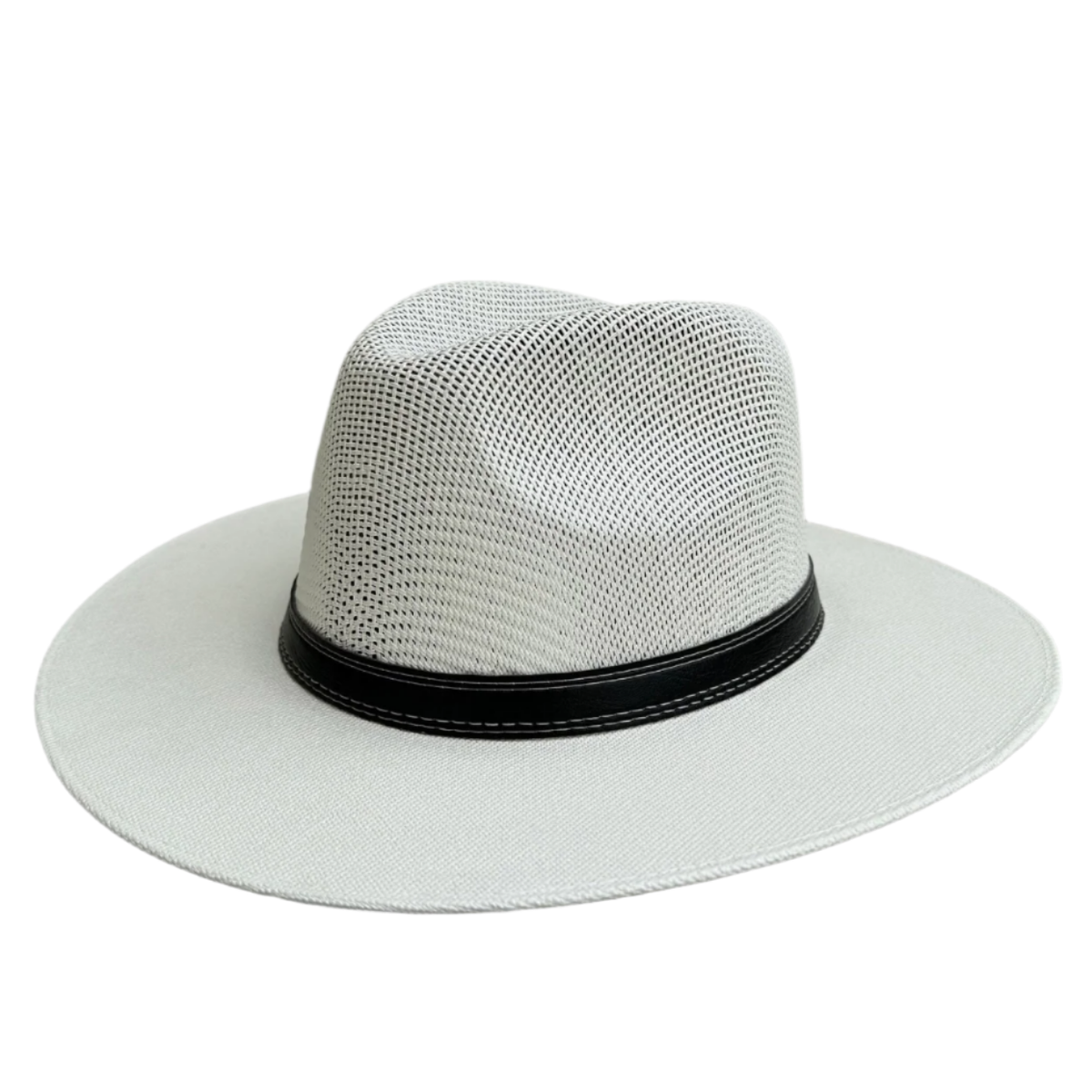 Mara Sol white wide-brim safari hat with a black stitched band.