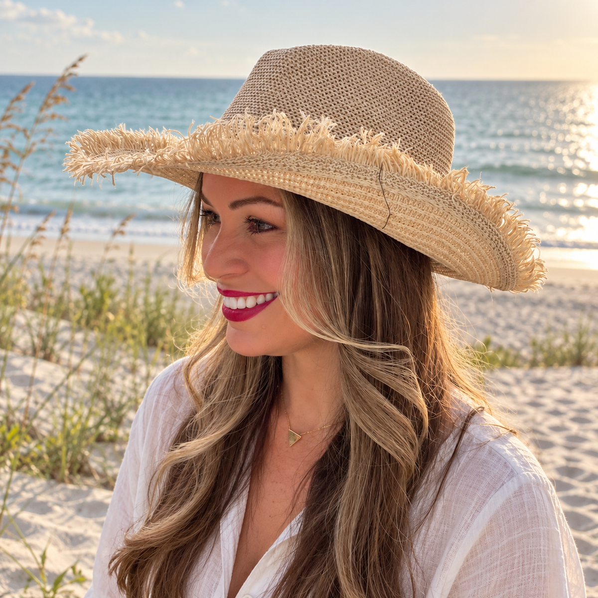 Woman wearing the Noa natural frayed edge boho cowboy hat at the beach