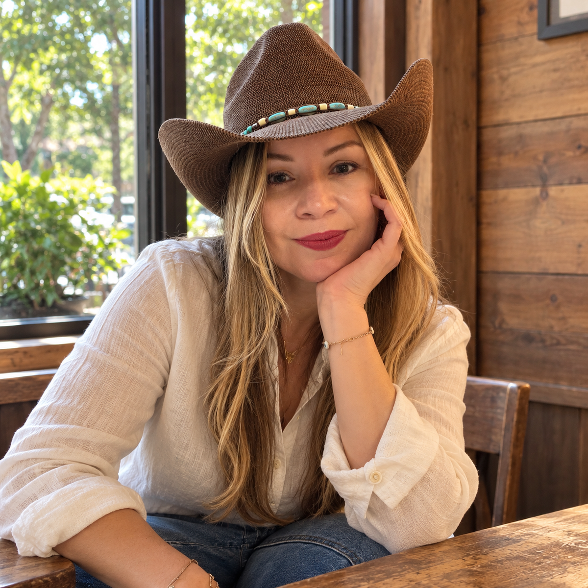 Woman wearing Sienna brown cowboy hat with turquoise-inspired beads indoors