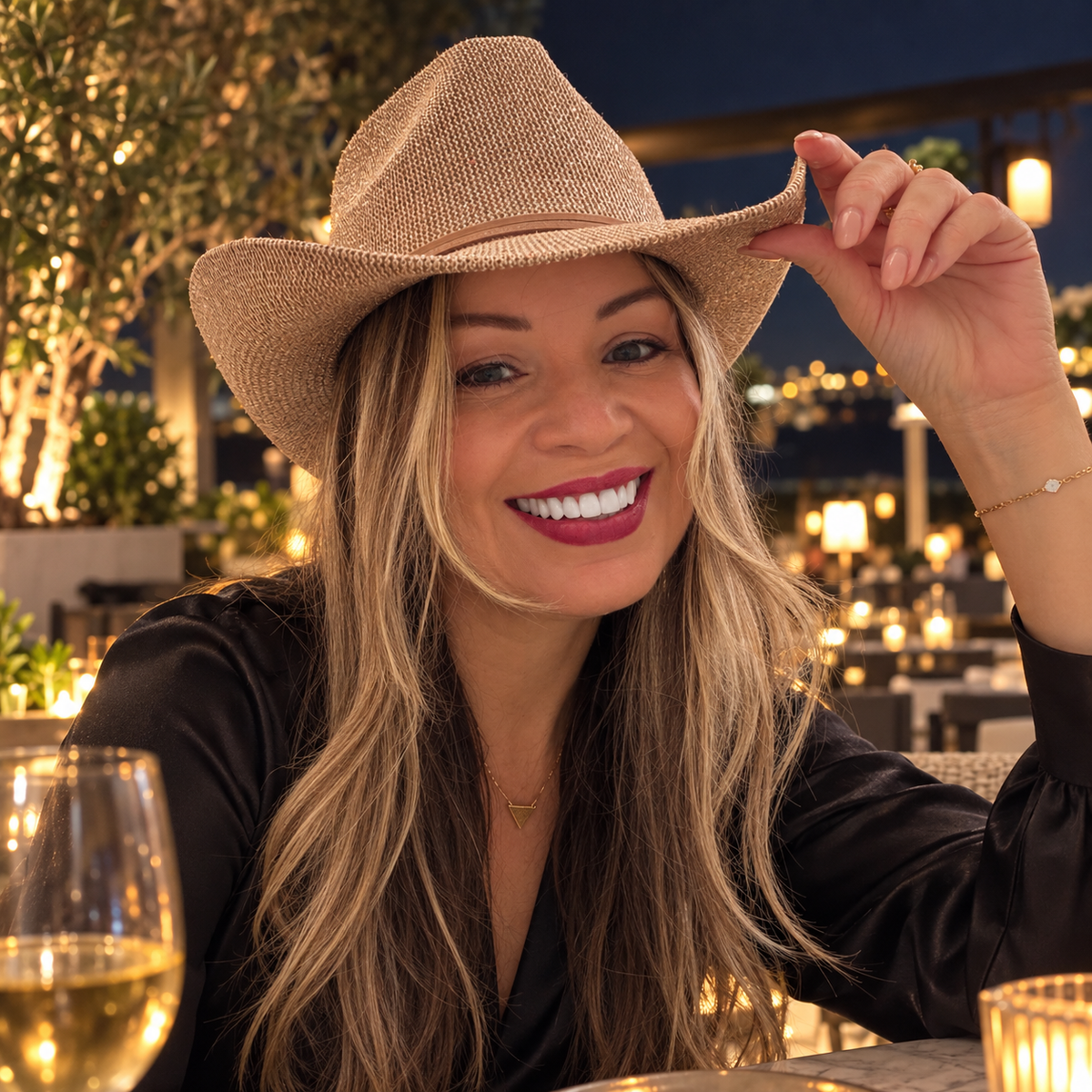 Woman wearing the Stella Gold sequin cowboy hat on an evening out