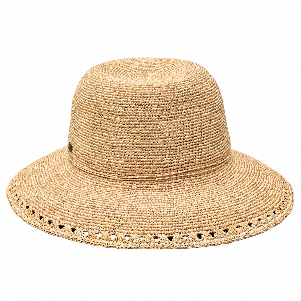 Alba natural raffia crochet bucket hat with a flared brim and openwork edging on a white background