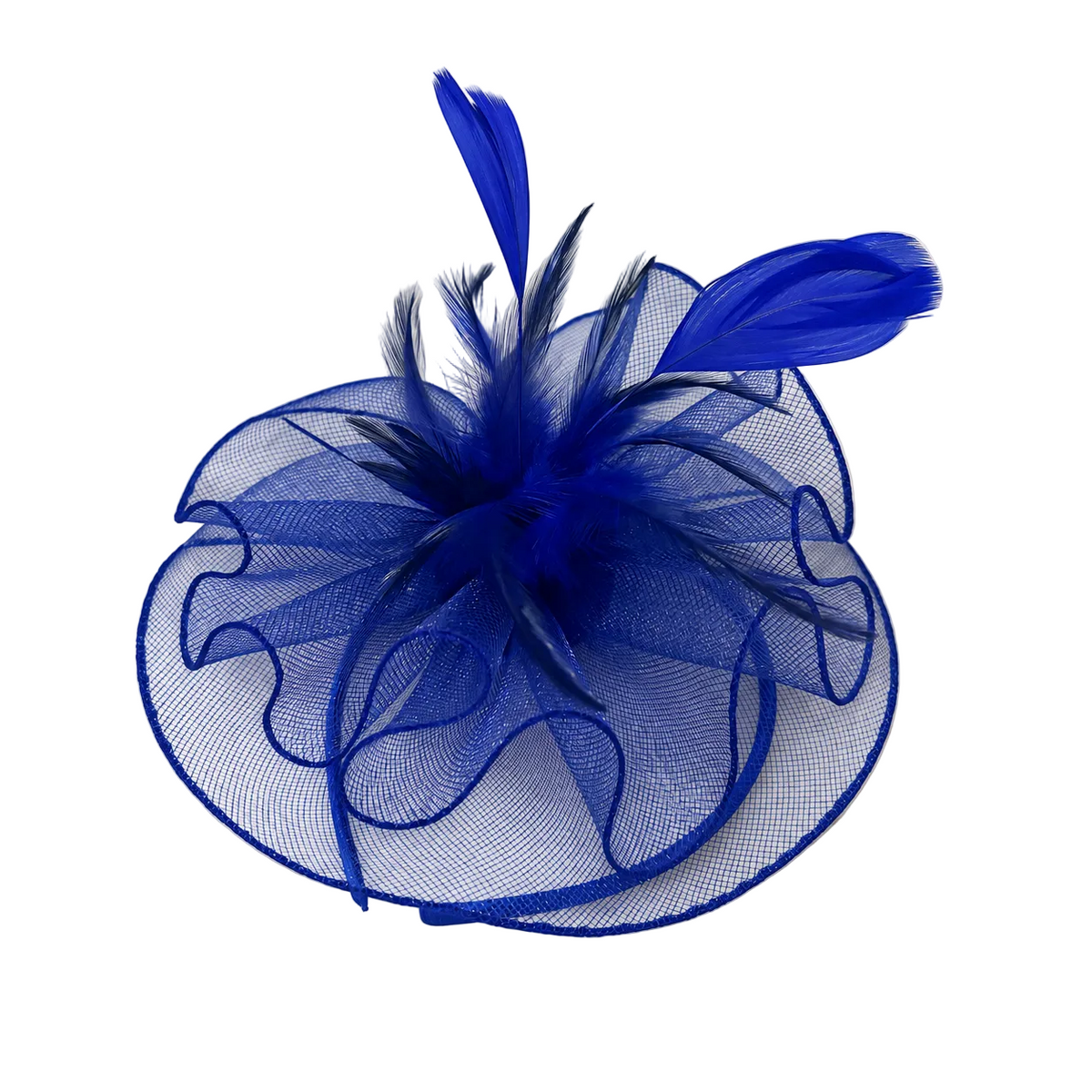 Anastacia blue mesh and feather fascinator on light marble background