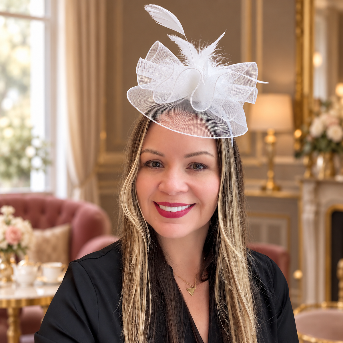 Woman wearing white Anastacia mesh and feather fascinator, front view in an elegant vintage salon