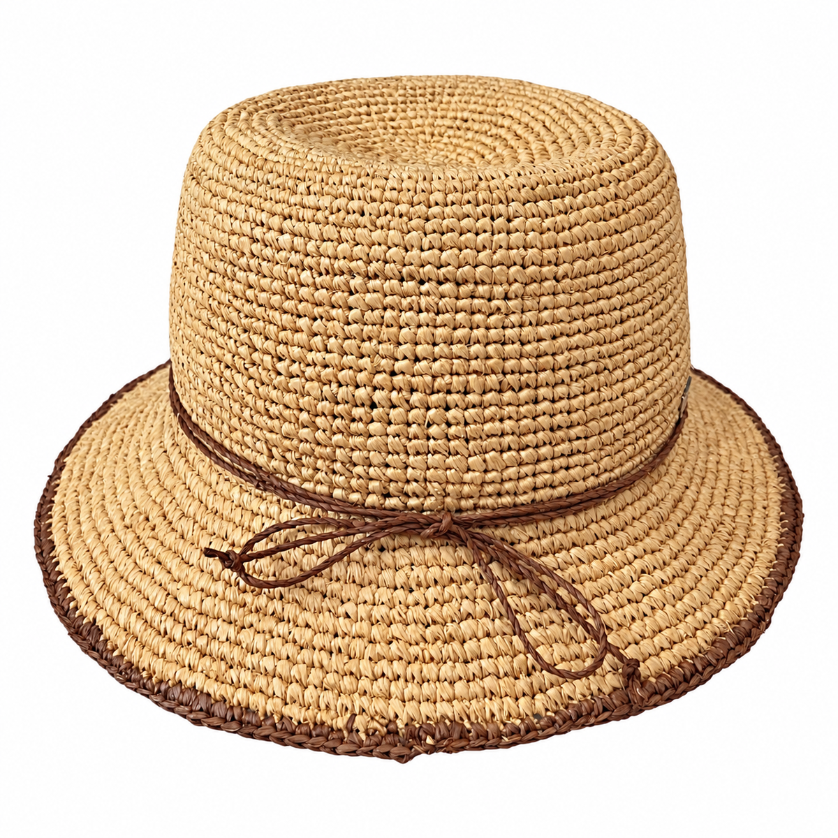 Anne natural raffia crochet bucket hat with a brown tie band and dark brim edging on a white background