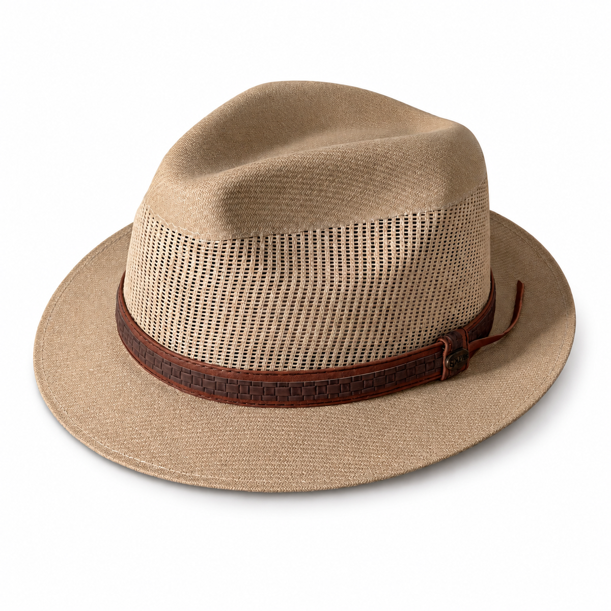Arena natural vented short-brim fedora with a brown patterned band.