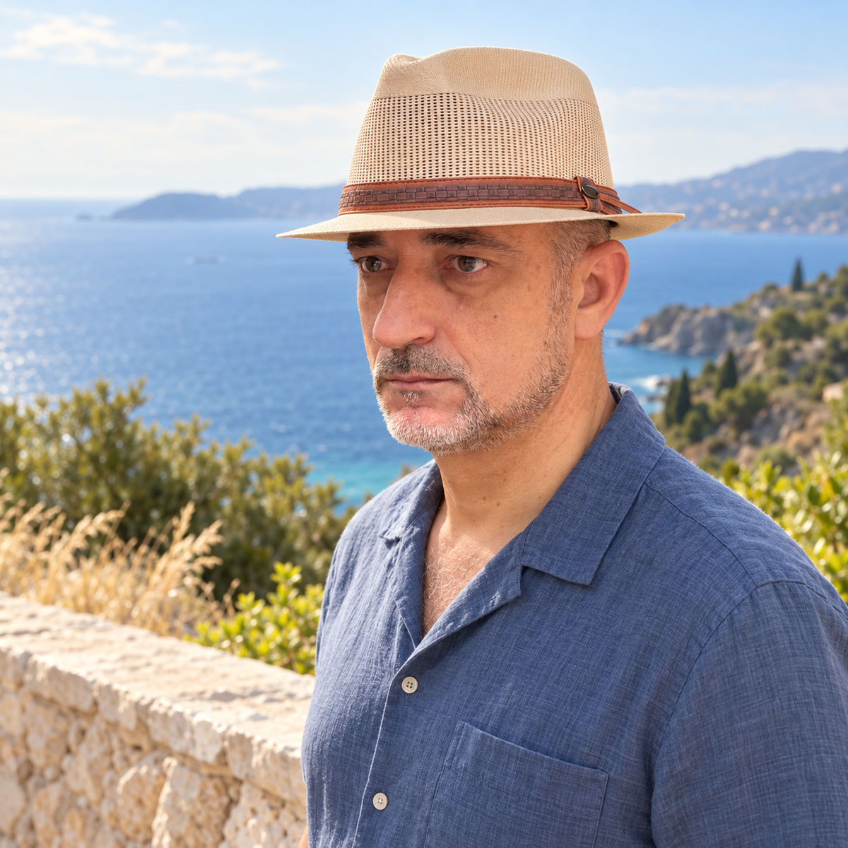 Man wearing Arena vented natural fedora at a coastal overlook