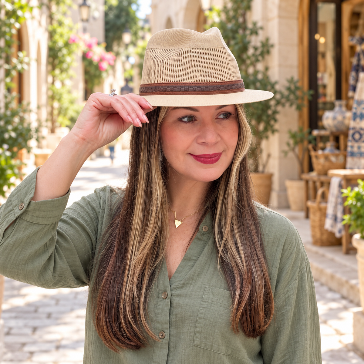 Woman wearing Arena vented natural fedora on an outdoor shopping street