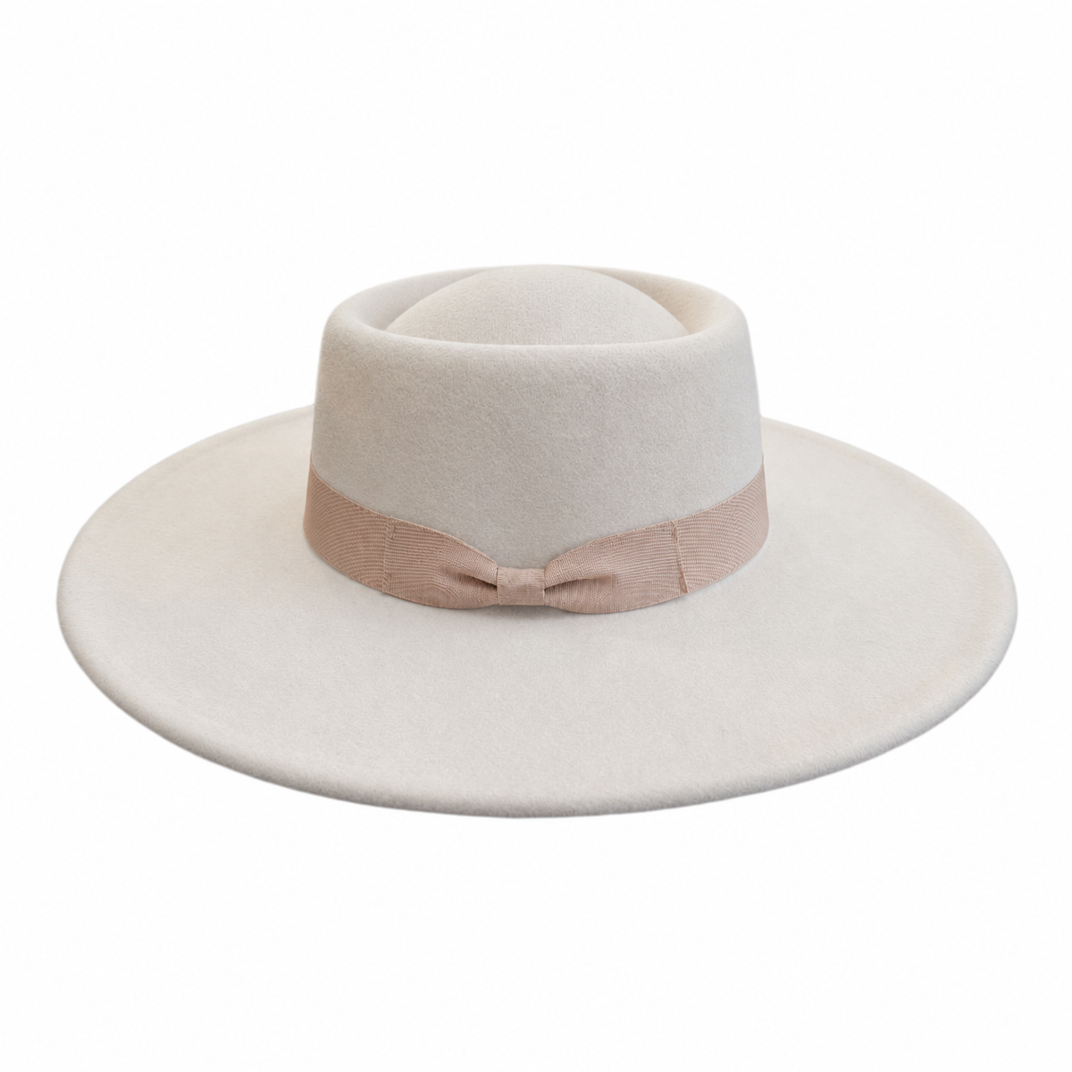 Atlas beige vegan felt boater hat with ribbon bow on a white background