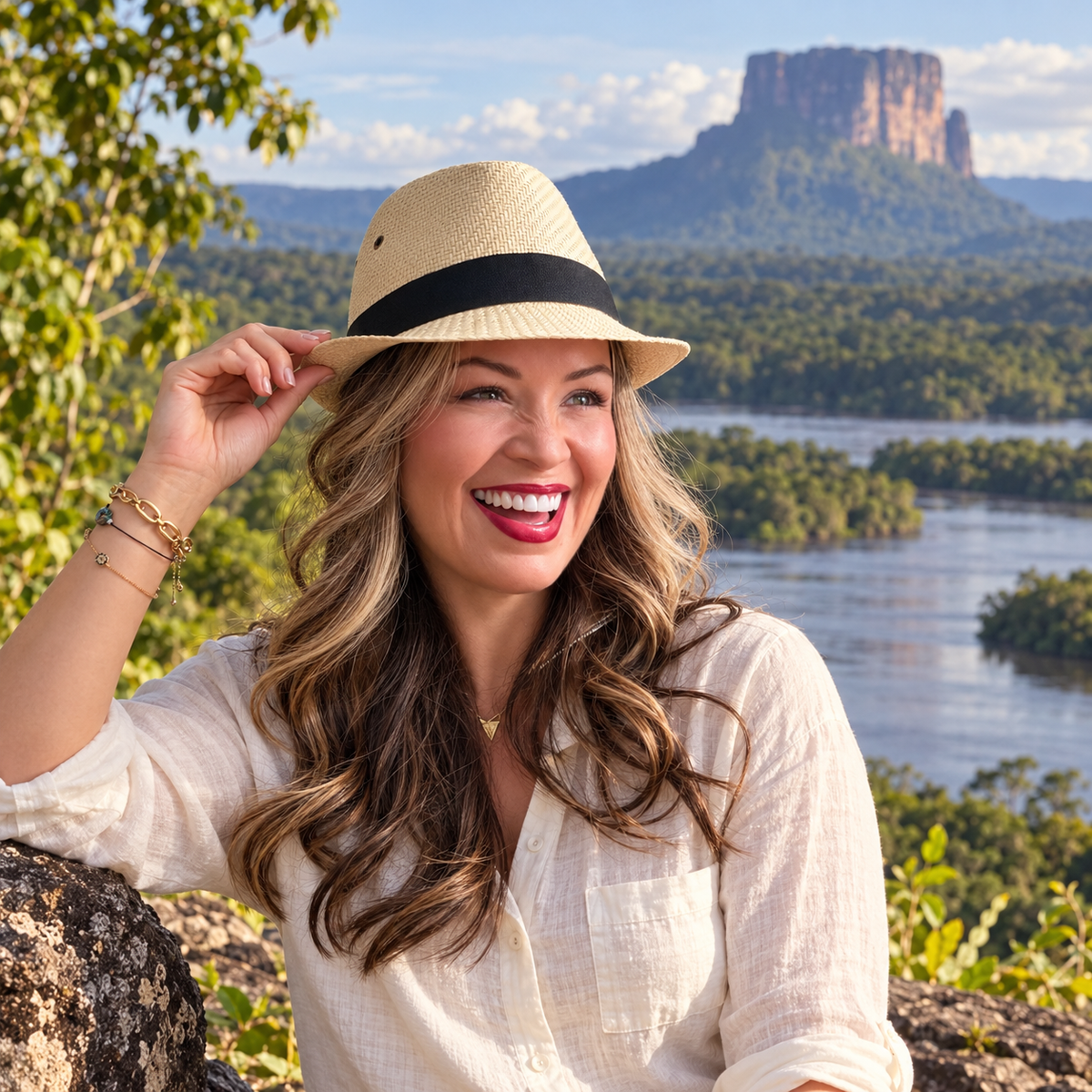 Woman wearing the natural Autana short-brim fedora with a black band overlooking Cerro Autana in Venezuela.