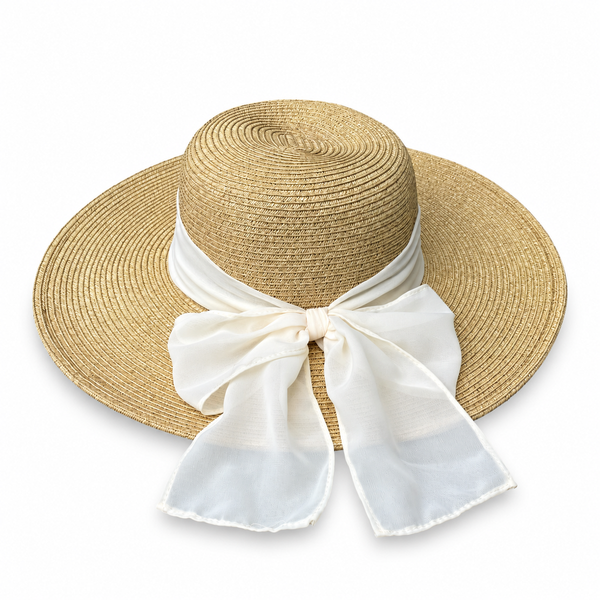Azucena natural woven sun hat with an ivory bow on a white background