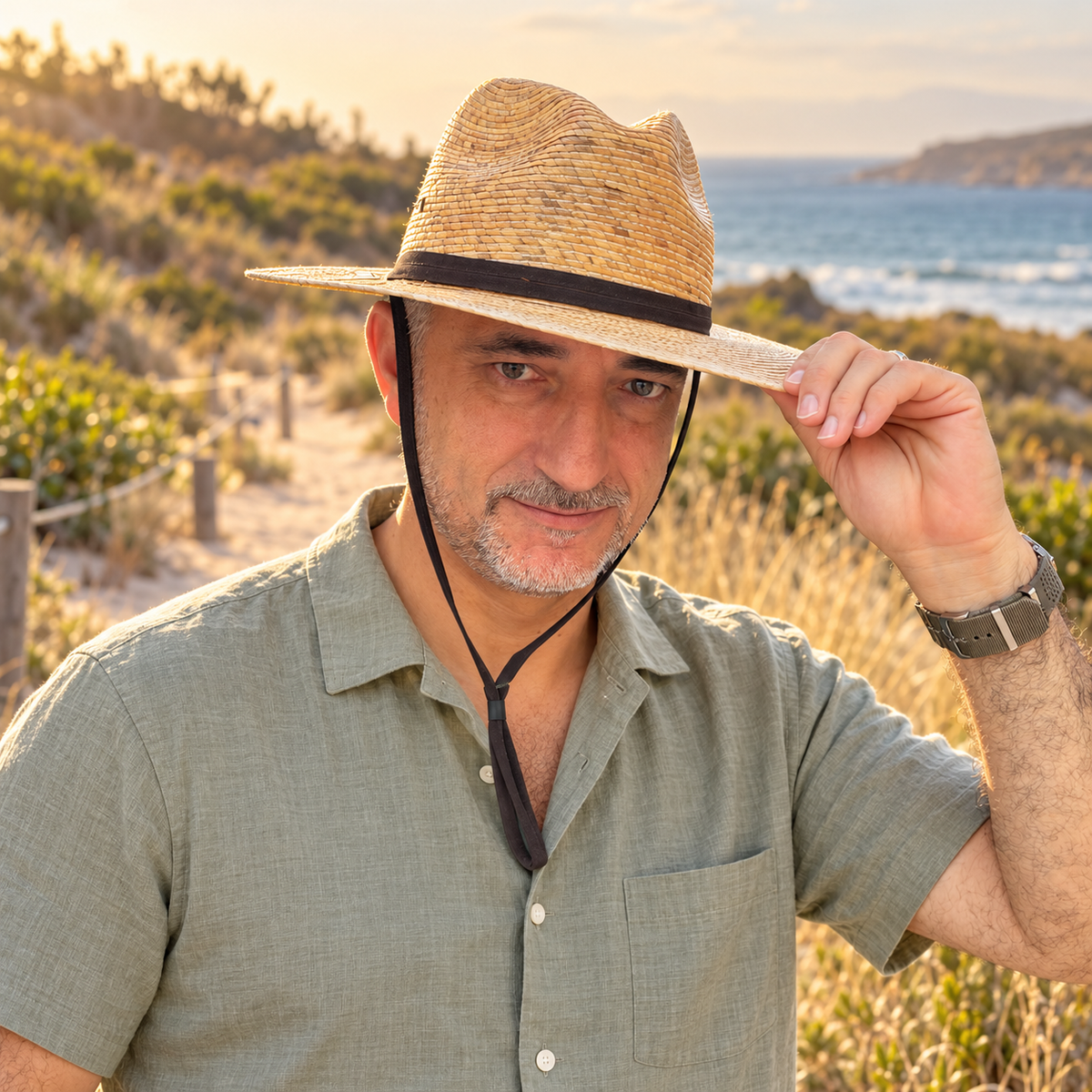 Man wearing Bahía natural palm wide-brim hat with chin cord on a coastal trail