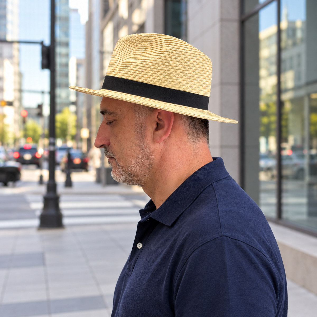 Man wearing the beige Bayfront hat with a navy polo in downtown.