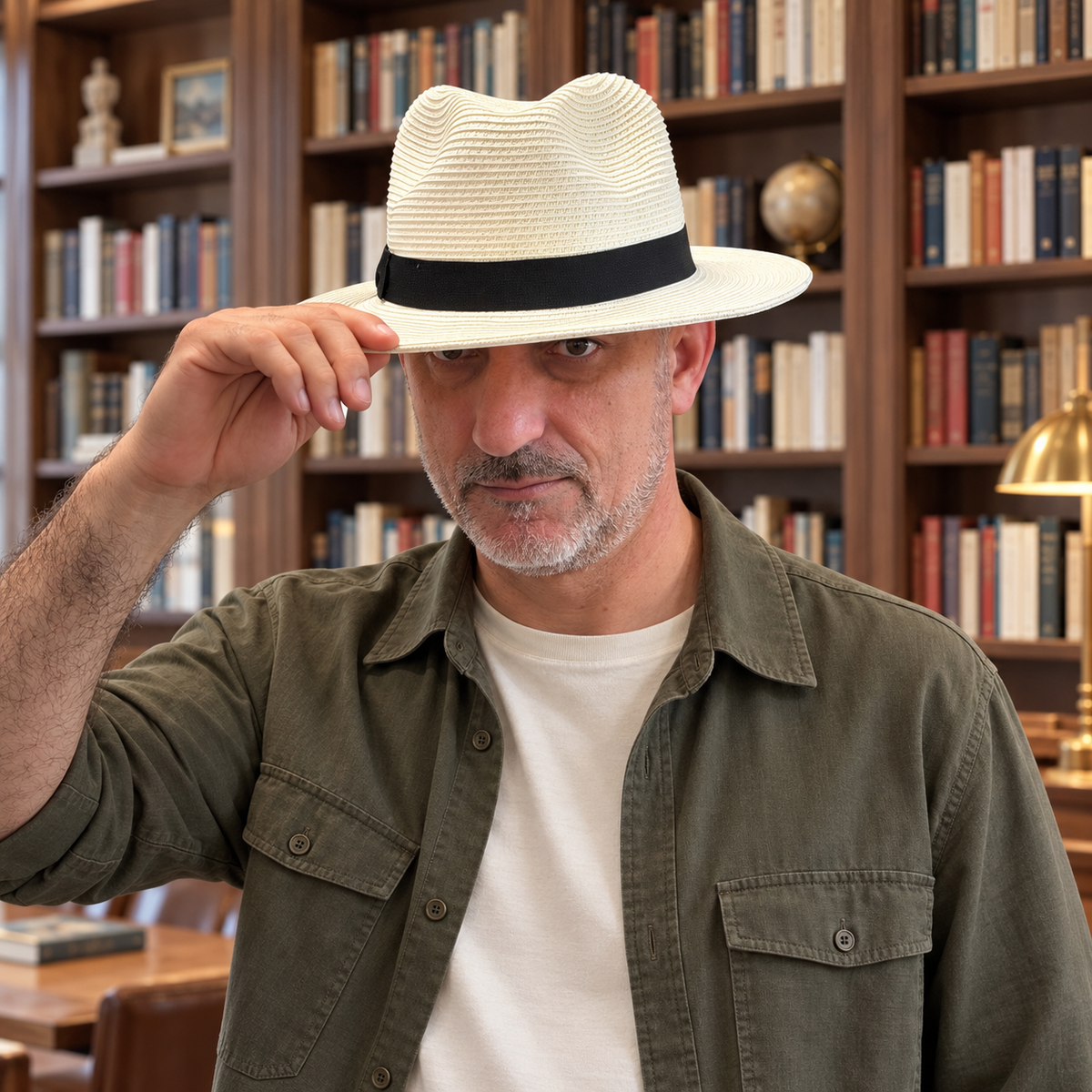 Man wearing the white Bayfront hat with a black band in a library.