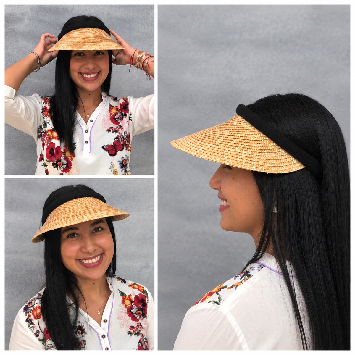 Three views of a woman wearing the natural Bela clip-on visor: front, three-quarter and side profile showing the complete brim