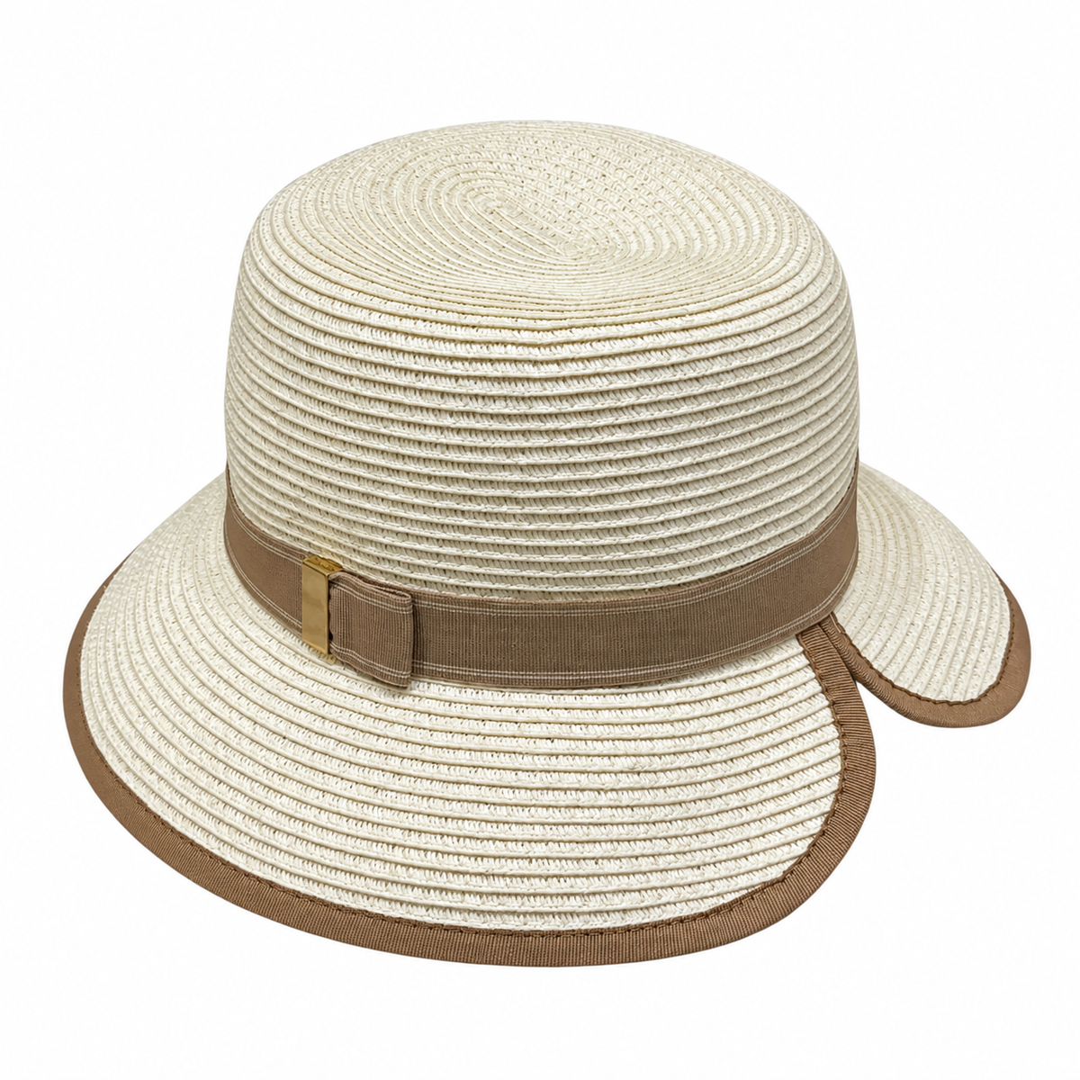 Catalina white bucket hat with beige ribbon band, buckle accent and matching brim edging, angled view on a white background