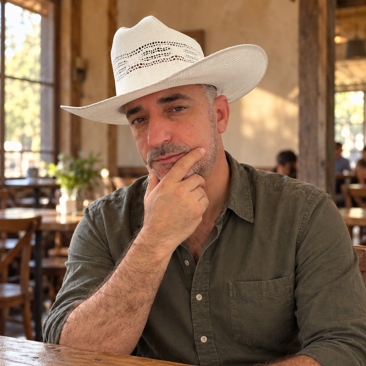 Man wearing the white Cody open weave cowboy hat in a country café