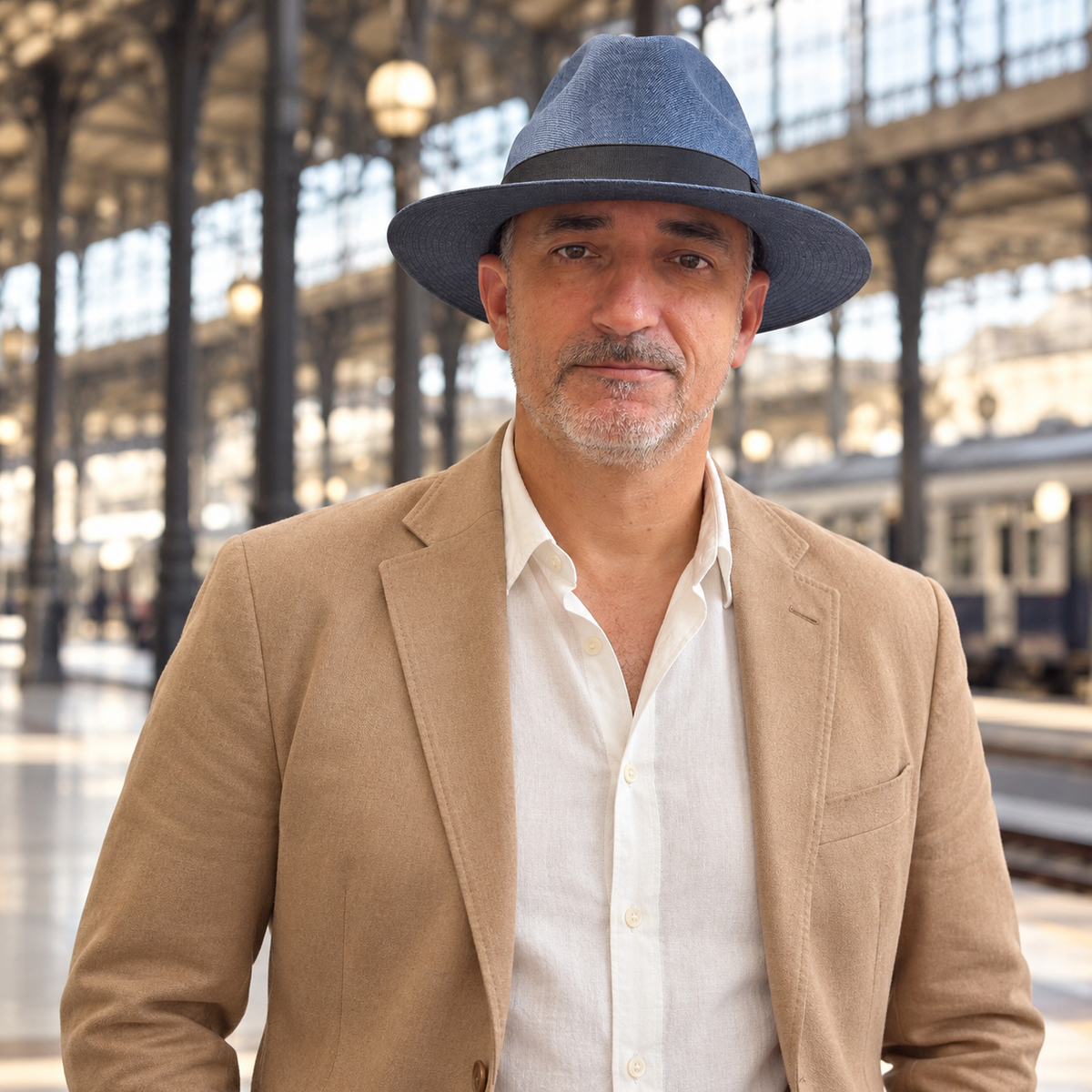 Man wearing the Collins blue linen Panama-style hat with a camel blazer in a classic train station.