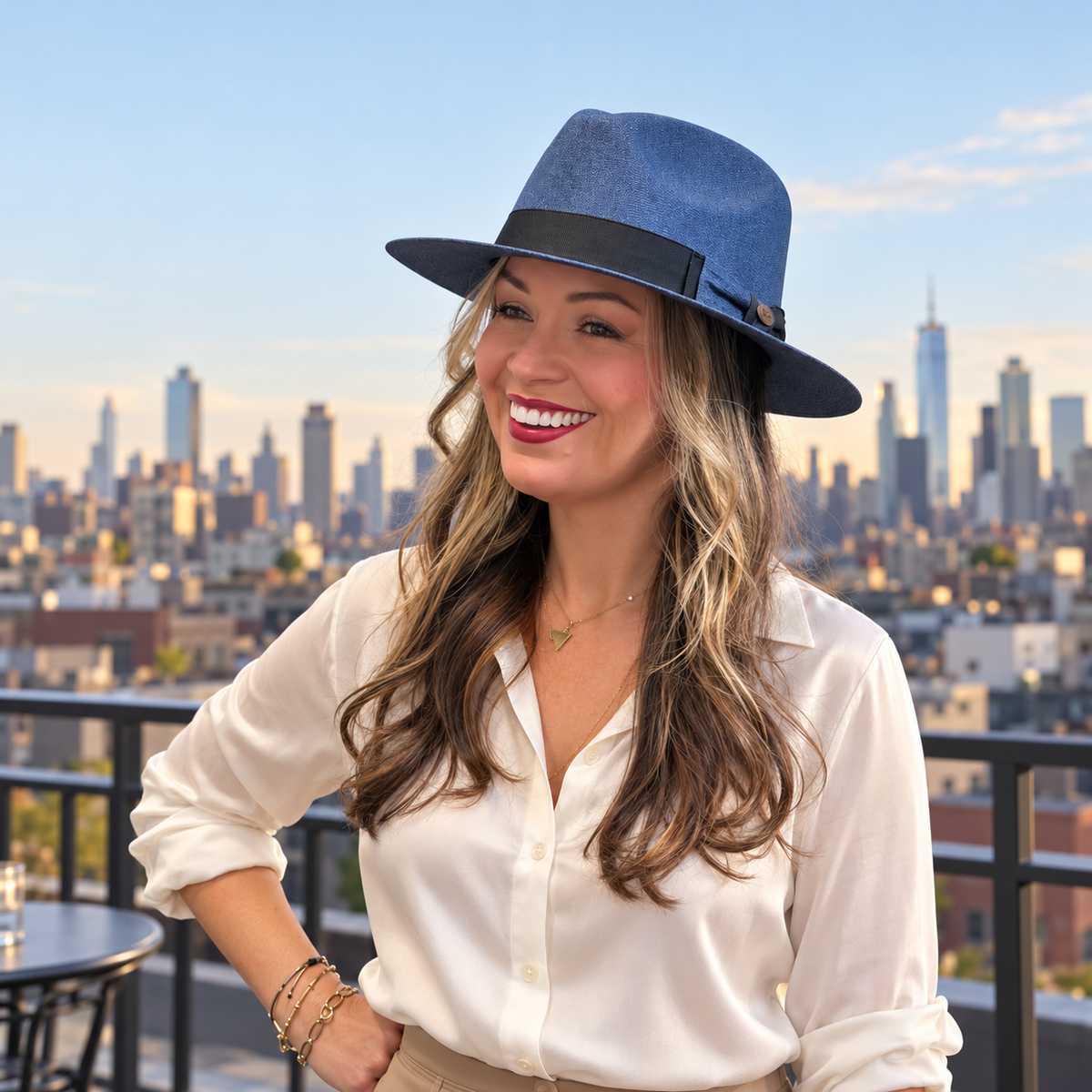 Woman wearing the Collins blue linen Panama-style hat with an ivory blouse on a city rooftop terrace.