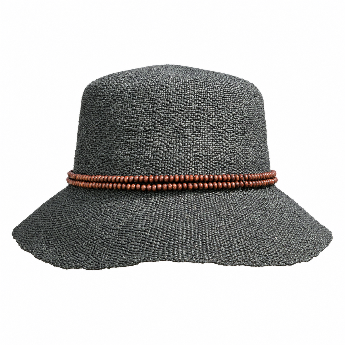 Cora black bucket hat with a double beaded band on a white background