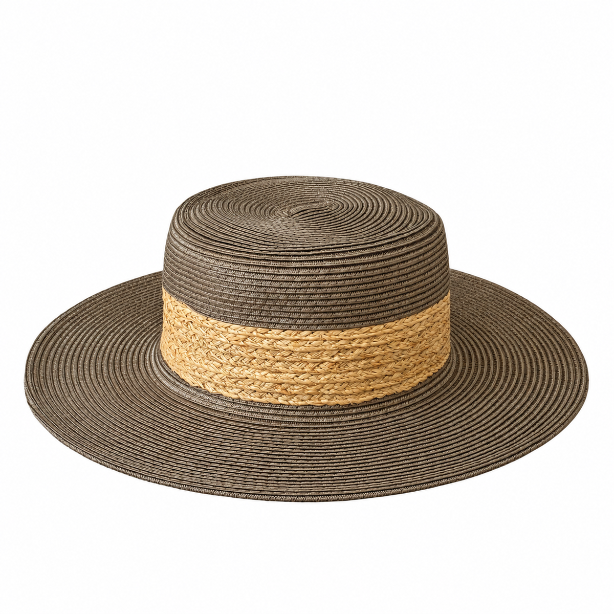 Emma vintage boater hat with a wide natural-tone woven band and flat brim on a white background.