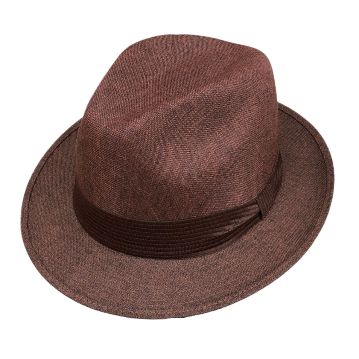 Mia brown structured fedora with a matching pleated band and short brim.