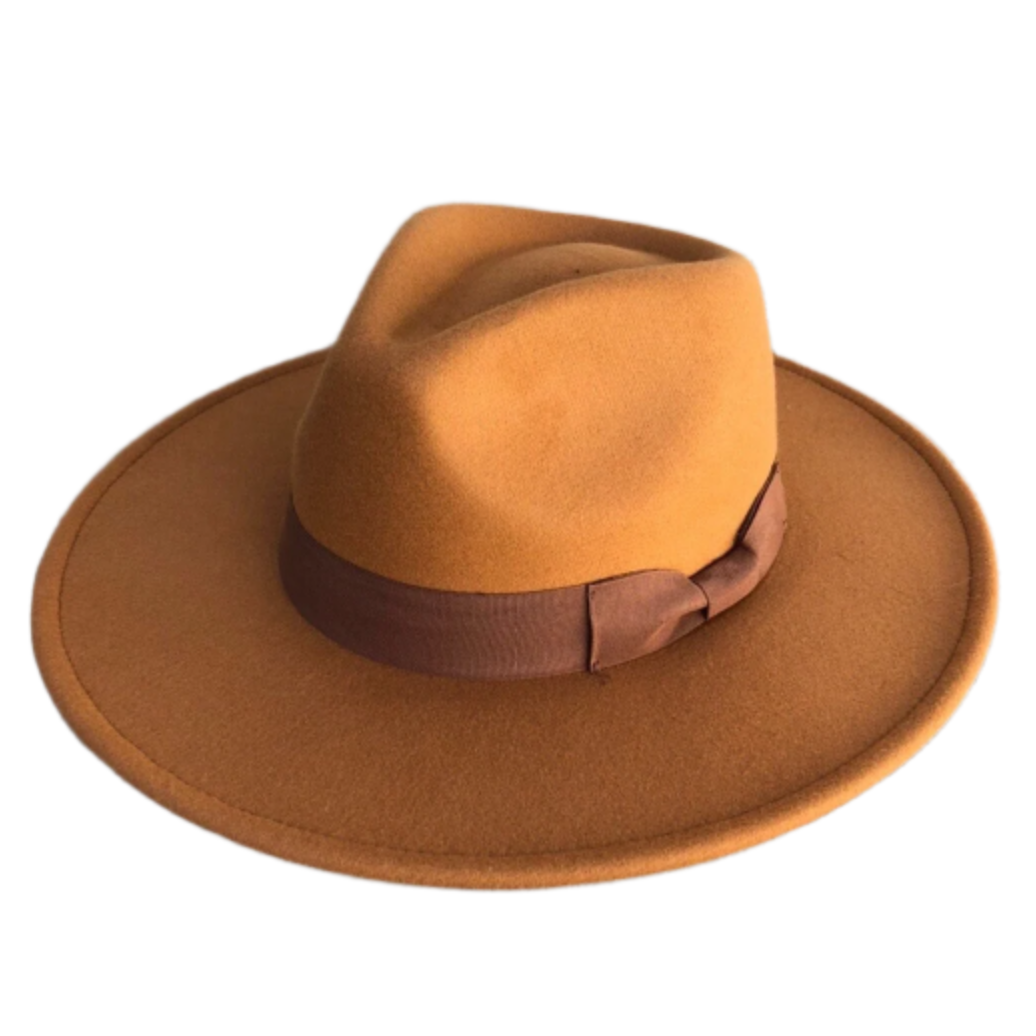 Dion tan wide-brim fedora with a brown grosgrain bow band.