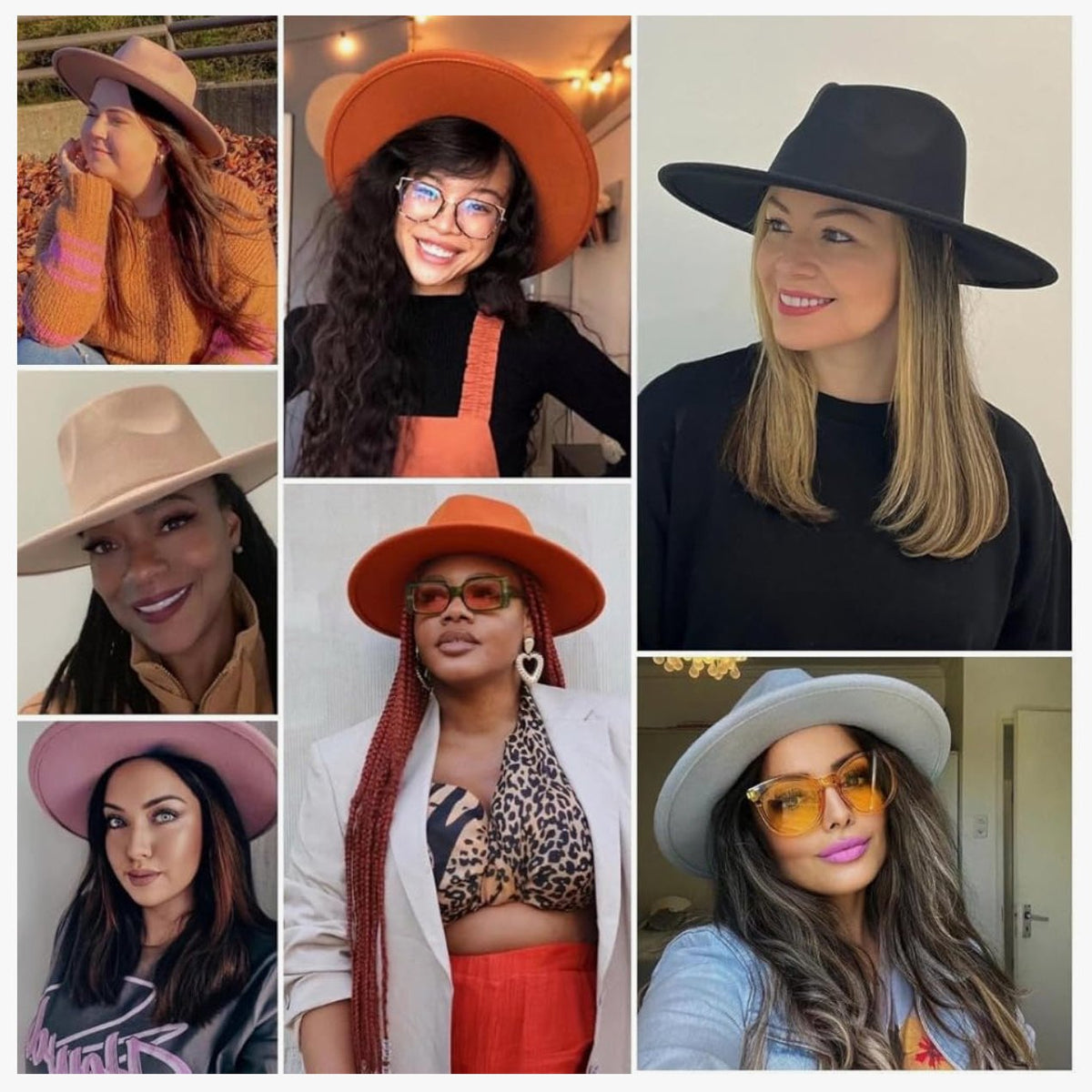Women modeling Baco wide-brim rancher fedoras in different colors.