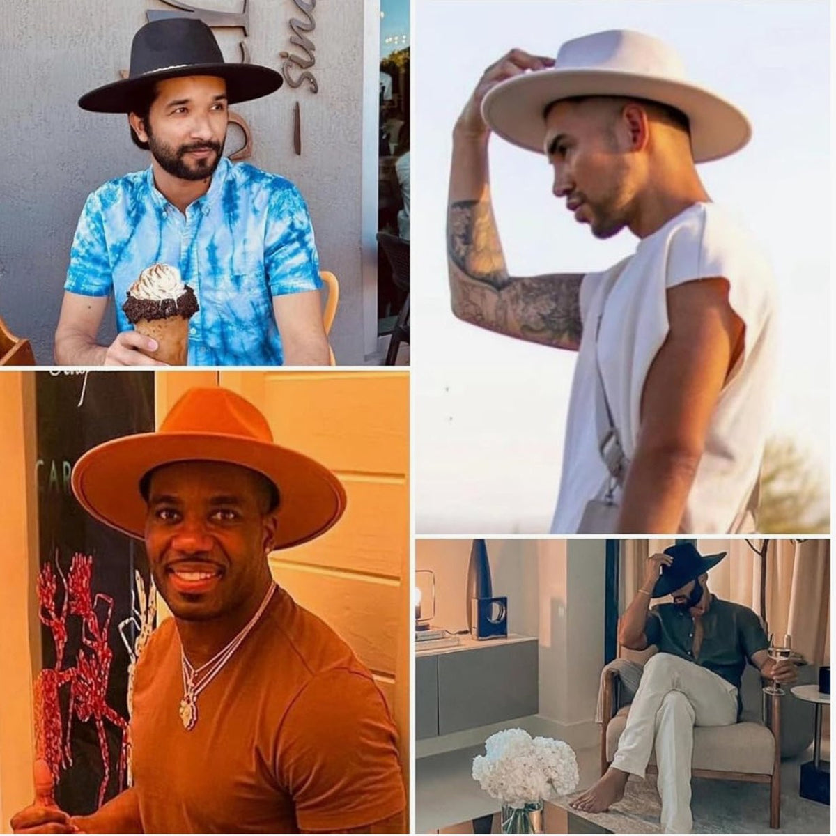 Men modeling Baco wide-brim rancher fedoras in different colors.
