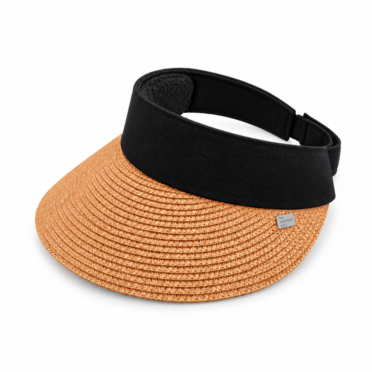 Tan Isa wide-brim visor with a black headband and silver THE AMERICAN HATS pin on a white background.