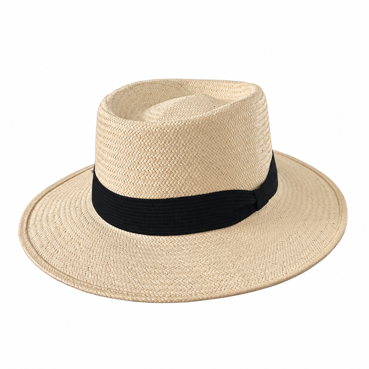 Jacinto light-colored straw boater hat with a flat brim, recessed crown and black ribbon band on a white background.