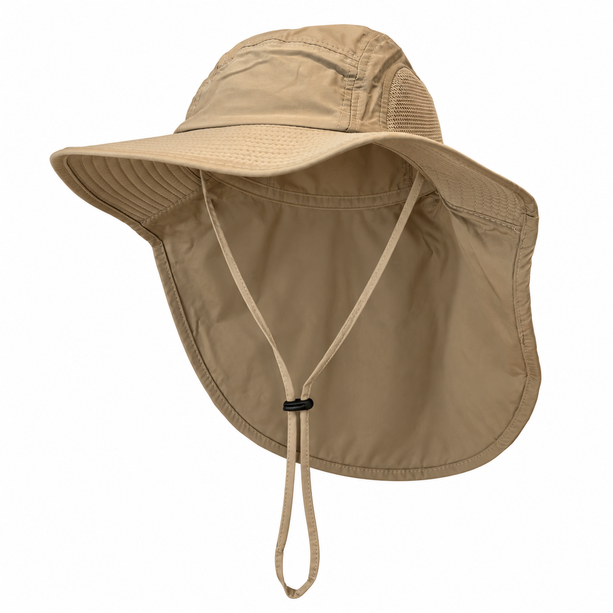 Jordan khaki fisherman hat with mesh panels and neck flap on a white background