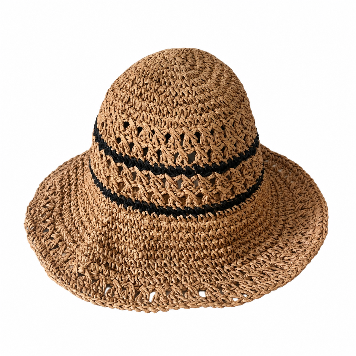 Karina tan crochet bucket hat with black stripes on a white background