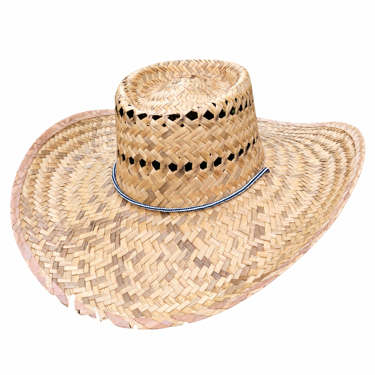 Leon natural woven palm boater hat with a wide brim, ventilated crown and chin cord on a white background.