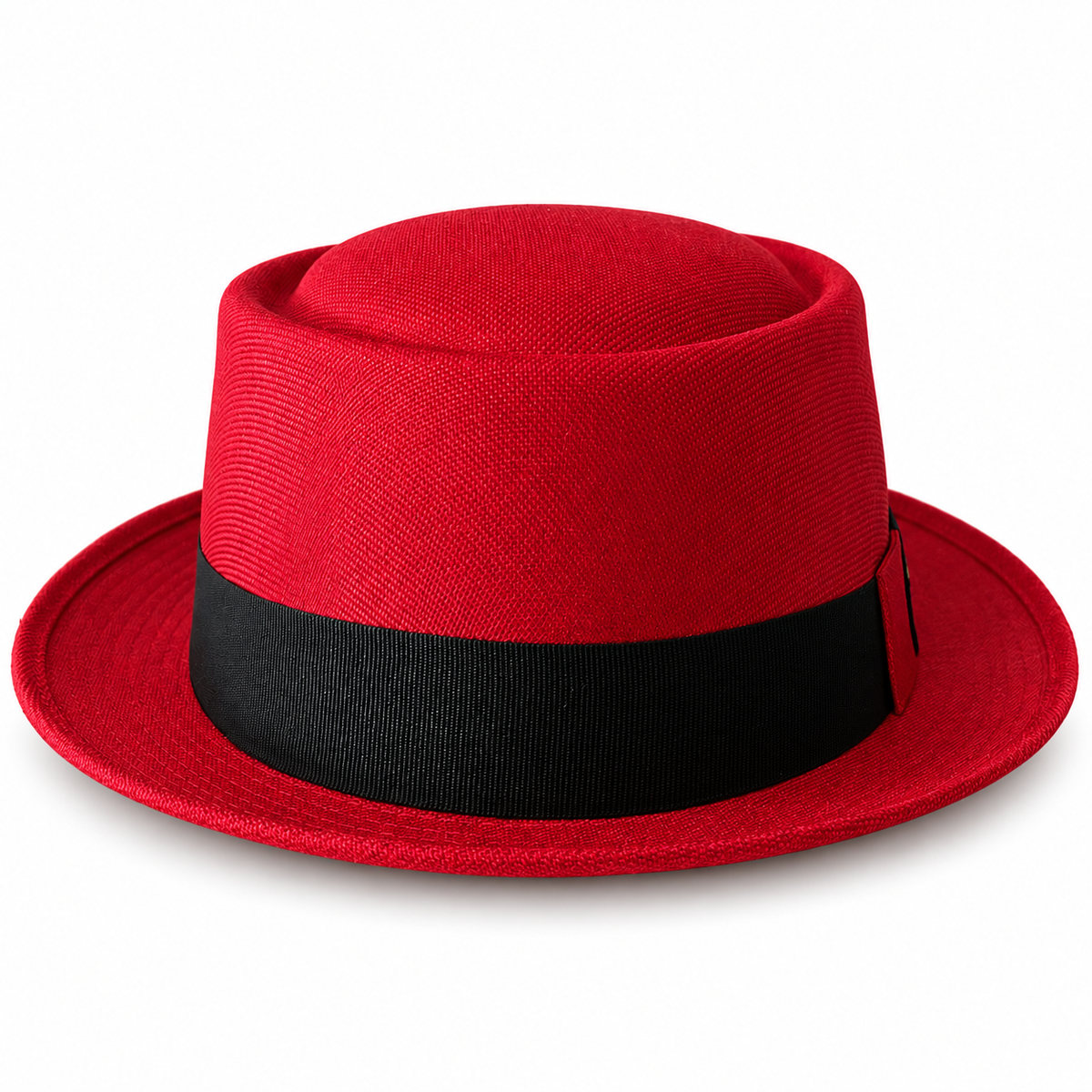 Logan red linen pork pie hat with black band, front view on white background