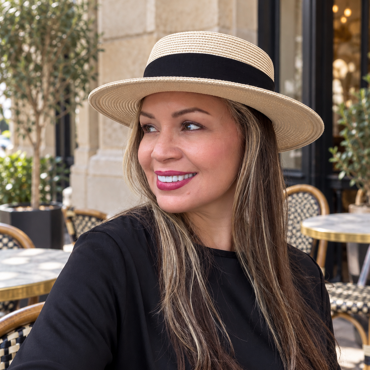 Woman wearing Lola cream boater hat with black ribbon at an outdoor cafe