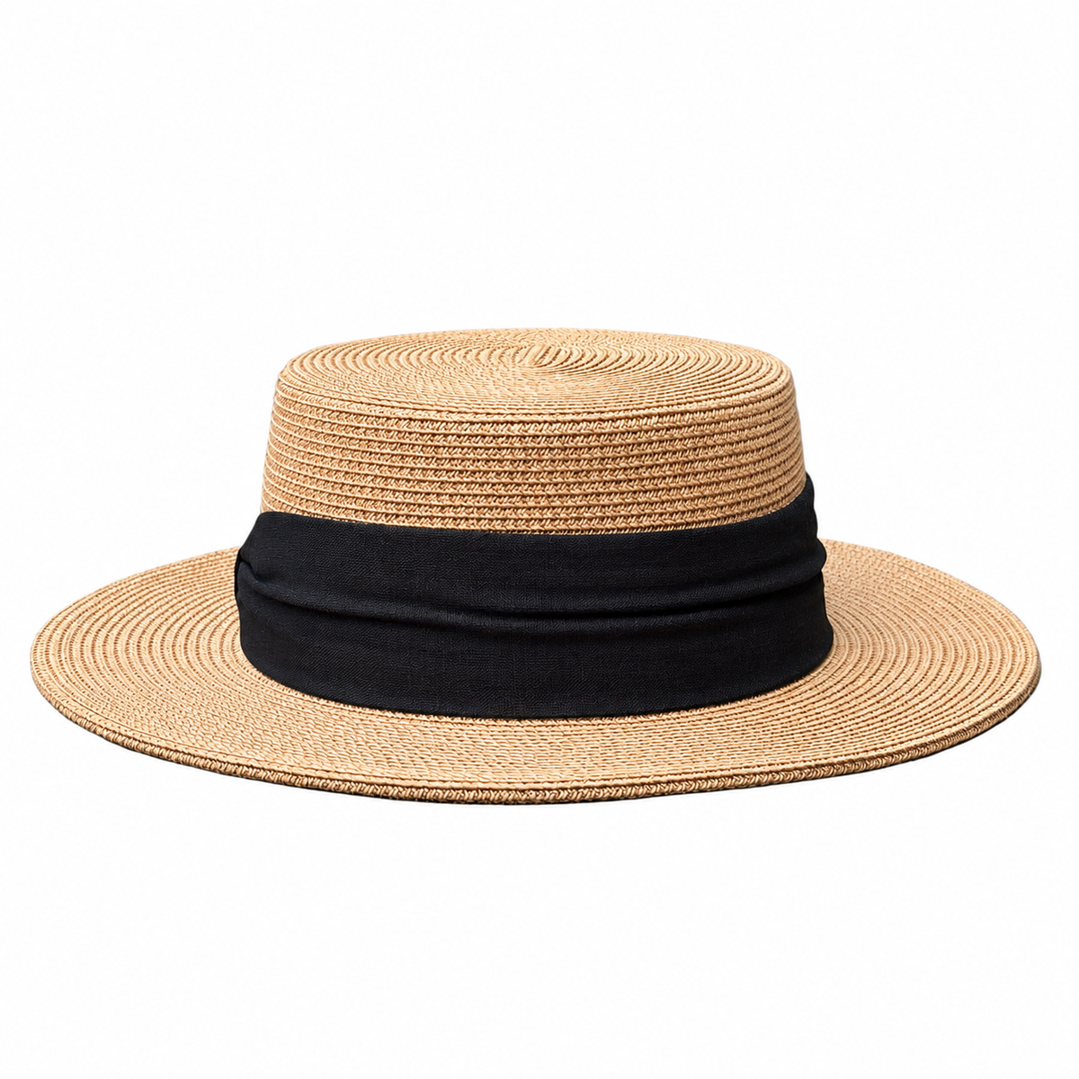 Lola tan Toyo braid boater hat with a black ribbon band on a white background