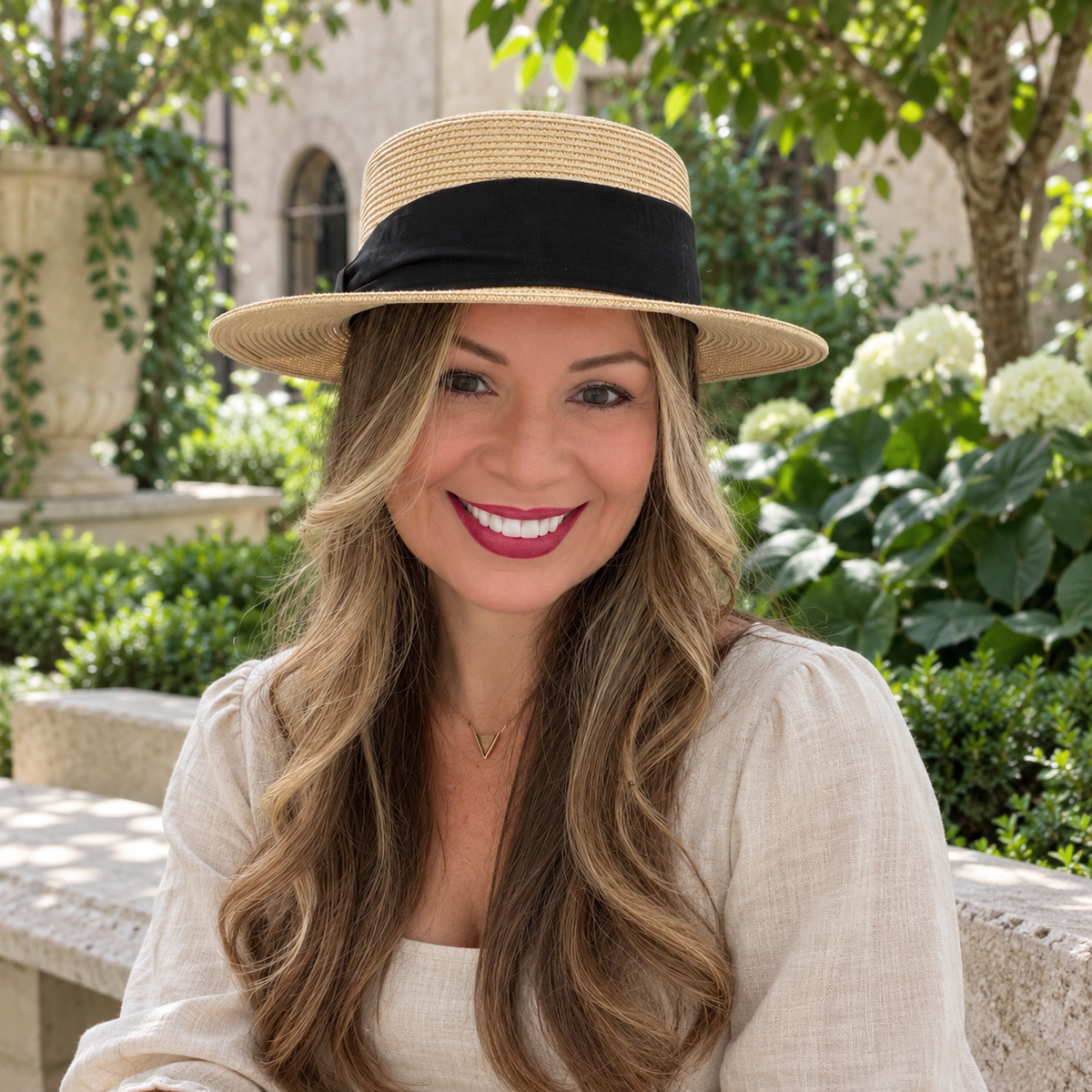 Woman wearing Lola cream boater hat with black ribbon in a leafy garden