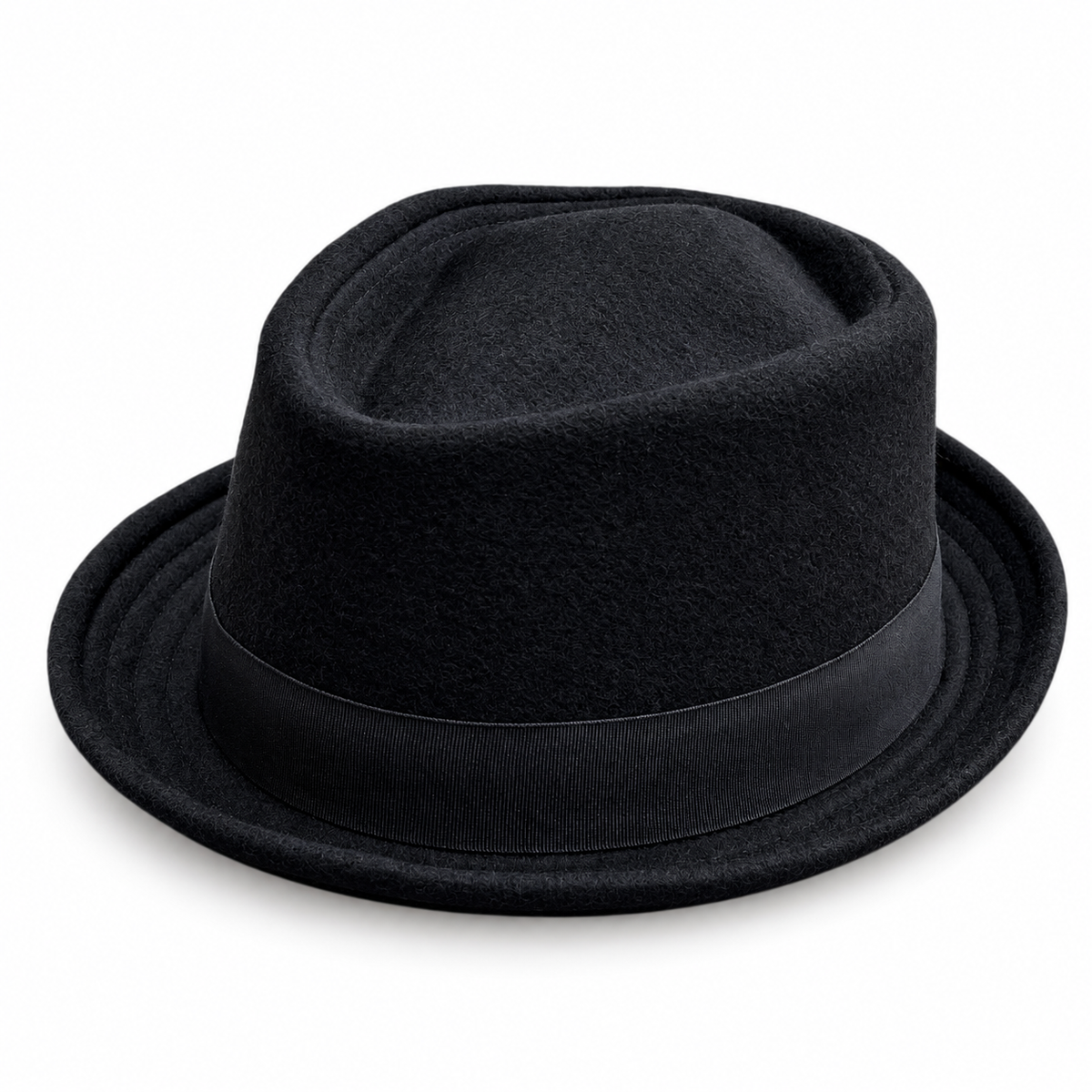 Lucas black diamond crown wool pork pie hat with short upturned brim on a white background