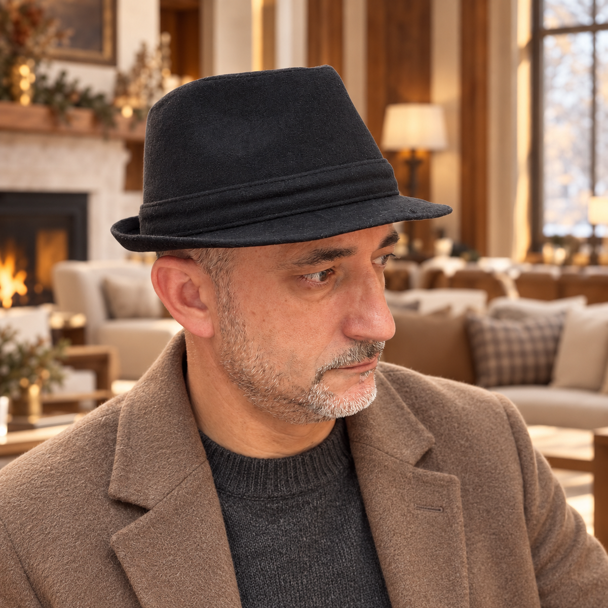 Man wearing the black Mario wool fedora in a warm winter lounge